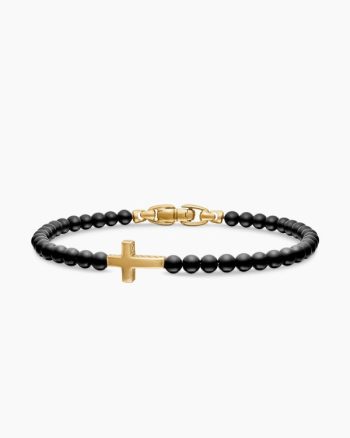 Spiritual Beads Cross Station Bracelet|Black Onyx and 18K Yellow Gold, 4mm