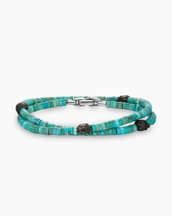 Memento Mori Skull Station Double Wrap Bracelet|Sterling Silver with Turquoise and Forged Carbon, 4mm