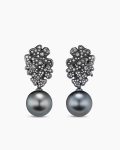 Petals and Pearl Cluster Drop Earrings|White Gold with Rhodiated Black and Diamonds