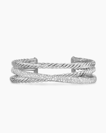 Pavé Crossover Three Row Cuff Bracelet|Sterling Silver with Diamonds, 20mm
