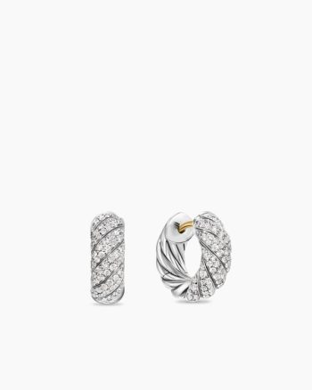 Sculpted Cable Hoop Earrings|Sterling Silver with Diamonds, 14.4mm