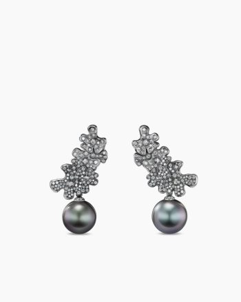 Petals and Pearl Climber Earrings|White Gold with Rhodiated Black and Diamonds