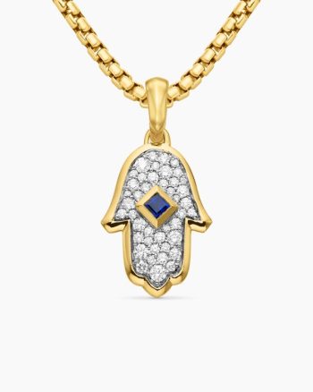 Hamsa Amulet|18K Yellow Gold with Pavé Diamonds and Blue Sapphire, 24.6mm
