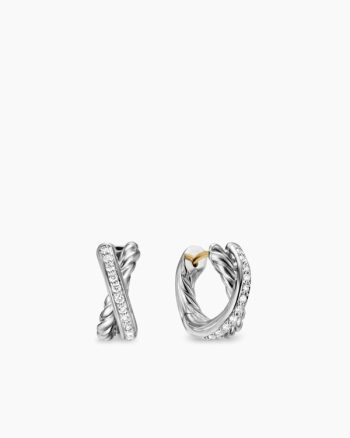 Crossover Huggie Hoop Earrings|Sterling Silver with Diamonds, 12.4mm
