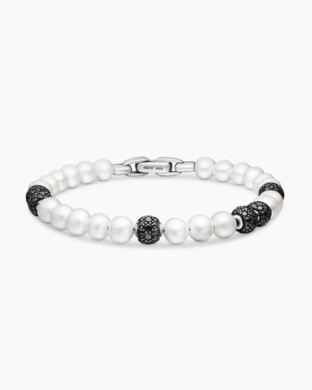 Spiritual Beads Bracelet|Sterling Silver with Pearls and Pavé Black Diamonds, 6mm