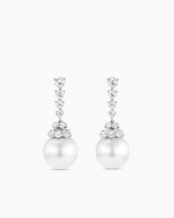 Floating Diamonds and Pearl Drop Earrings|White Gold