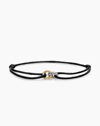 Sculpted Cable Linked Cord Bracelet|Black Nylon with Sterling Silver and 14K Yellow Gold, 8.7mm
