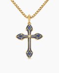 Gothic Cross Pendant|18K Yellow Gold with Blue Sapphires, 36.5mm