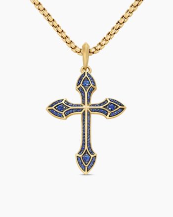Gothic Cross Pendant|18K Yellow Gold with Blue Sapphires, 36.5mm