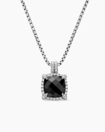 Chatelaine® Pavé Bezel Pendant Necklace|Sterling Silver with Black Onyx and Diamonds, 9mm