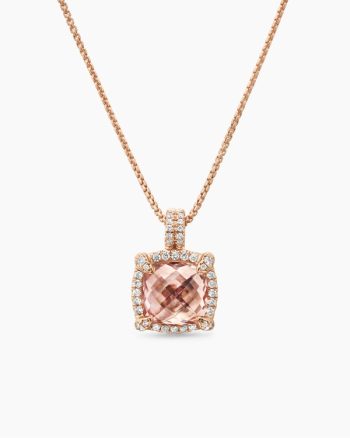 Chatelaine® Pavé Bezel Pendant Necklace|18K Rose Gold with Morganite and Diamonds, 9mm