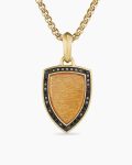 Shield Amulet|18K Yellow Gold with Golden Sun Stone and Black Diamonds, 27mm