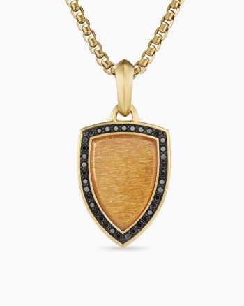 Shield Amulet|18K Yellow Gold with Golden Sun Stone and Black Diamonds, 27mm