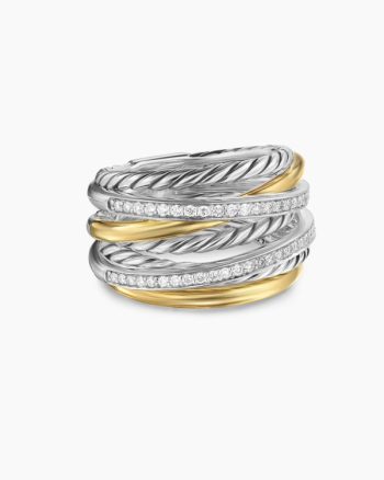 Crossover Seven Row Ring|Sterling Silver with 18K Yellow Gold and Diamonds, 16mm