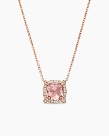 Petite Chatelaine® Pavé Bezel Pendant Necklace|18K Rose Gold with Morganite and Diamonds, 7mm