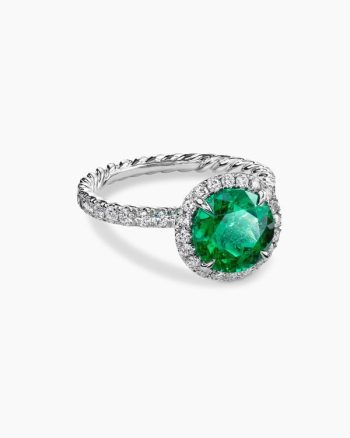 DY Eden Pavé Halo Engagement Ring|Platinum with Green Emerald, Round Brilliant Cut