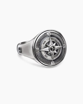 Maritime® Compass Signet Ring|Sterling Silver with Center Black Diamond, 19.4mm