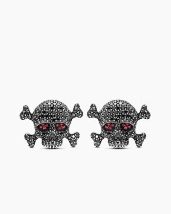 Memento Mori Skull Cufflinks|Sterling Silver with Black Diamonds and Rubies, 24mm