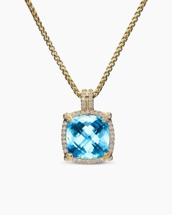 Chatelaine® Pavé Bezel Pendant Necklace|18K Yellow Gold with Blue Topaz and Diamonds, 14mm
