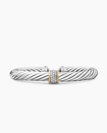 Classic Cable Station Bracelet|Sterling Silver with 18K Yellow Gold and Pavé Diamonds, 7mm