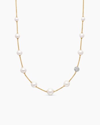 Pearl and Pavé Station Necklace|18K Yellow Gold with Pearls and Diamonds