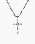 Classic Cable Cross Necklace|Sterling Silver with Center Diamond, 24.3mm