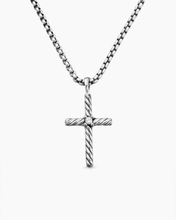 Classic Cable Cross Necklace|Sterling Silver with Center Diamond, 24.3mm