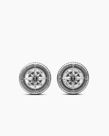 Maritime® Compass Cufflinks|Sterling Silver with Center Black Diamond, 16mm