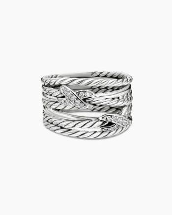 Double X Crossover Ring|Sterling Silver with Diamonds, 13mm