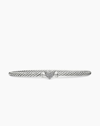 Classic Cable Heart Station Bracelet|Sterling Silver with Pavé Diamonds, 3mm