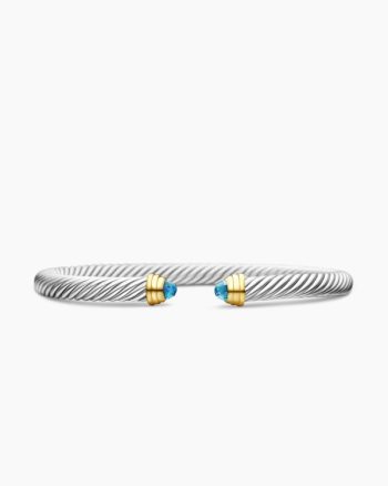 Classic Cable Bracelet|Sterling Silver with 14K Yellow Gold and Blue Topaz, 5mm