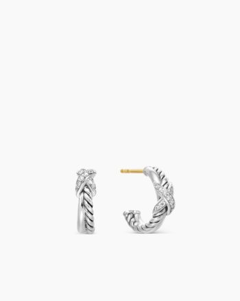 Petite X Hoop Earrings|Sterling Silver with Pavé Diamonds, 12.6mm