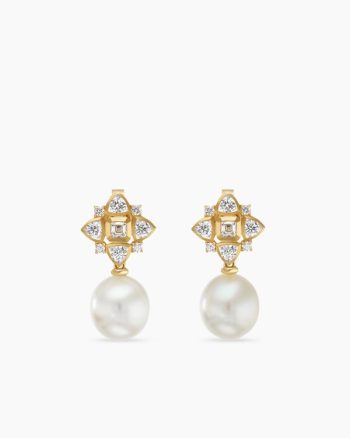 Renaissance® Pearl Trillion Drop Earrings|18K Yellow Gold with Pearls and Diamond, 26mm