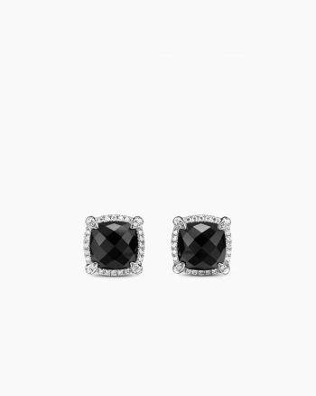 Chatelaine® Pavé Bezel Stud Earrings|Sterling Silver with Black Onyx and Diamonds, 9mm