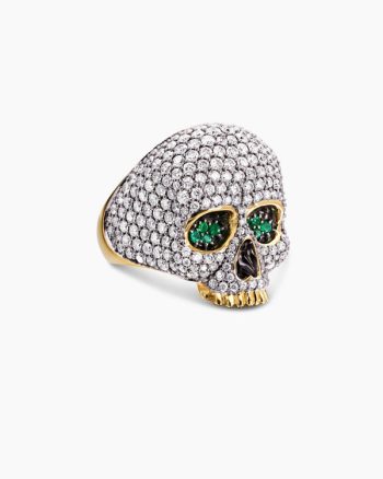 Memento Mori Skull Ring|18K Yellow Gold with Diamonds and Emeralds, 26mm
