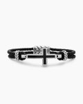 Streamline® Cross Station Bracelet|Black Leather with Sterling Silver and Black Onyx, 3mm