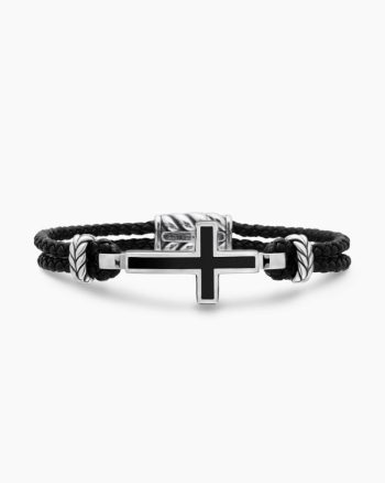 Streamline® Cross Station Bracelet|Black Leather with Sterling Silver and Black Onyx, 3mm