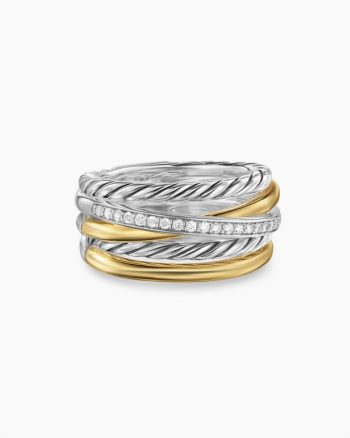 Crossover Five Row Ring|Sterling Silver with 18K Yellow Gold and Diamonds, 11mm