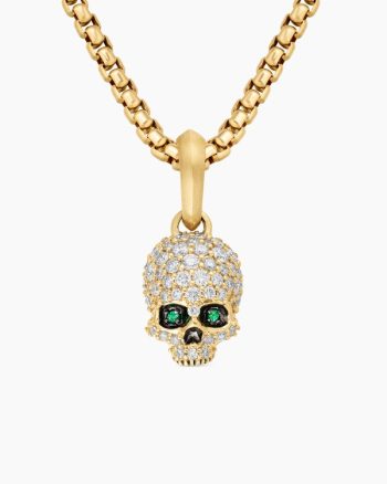 Memento Mori Skull|Full Pavé Diamonds, Emeralds and 18K Yellow Gold, 14mm