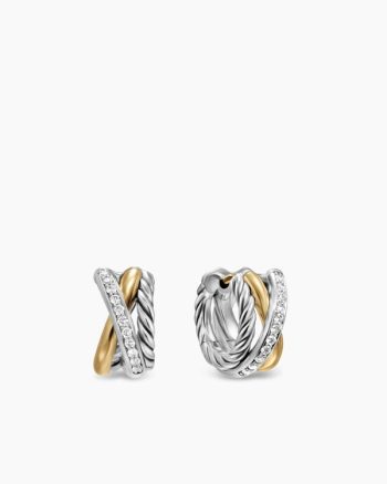 Crossover Three Row Huggie Hoop Earrings|Sterling Silver with 18K Yellow Gold, 13mm