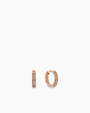Petite Pavé Huggie Hoop Earrings|18K Rose Gold with Cognac Diamonds, 12mm