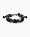 Spiritual Beads Two Row Woven Bracelet|Black Onyx, Tiger’s Eye, Black Nylon and Sterling Silver, 8mm