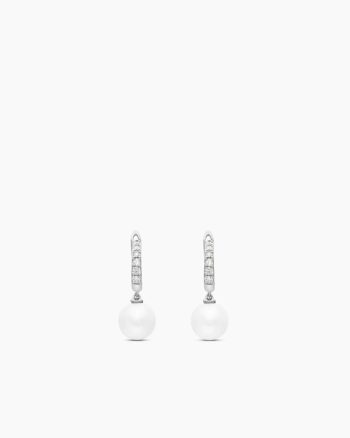 Pearl and Pavé Drop Earrings|Sterling Silver with Pearls and Diamonds, 15.6mm
