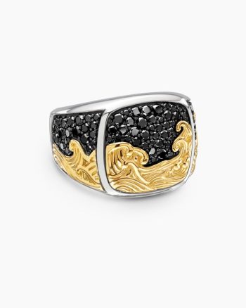 Waves Signet Ring|Sterling Silver with 18K Yellow Gold and Black Diamonds, 18.8mm
