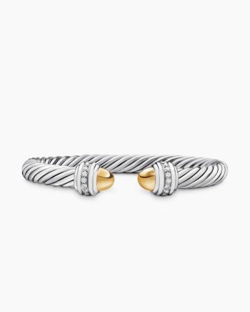 Classic Cable Bracelet|Sterling Silver with 14K Yellow Gold Domes and Diamonds, 7mm