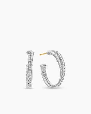 Crossover Hoop Earrings|Sterling Silver with Diamonds, 26.5mm