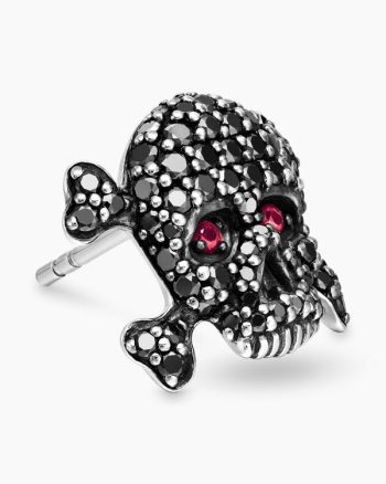 Pavé Skull Stud Earring|Sterling Silver with Black Diamonds and Rubies, 13.5mm