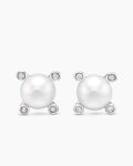 Pearl Stud Earrings|Sterling Silver with Pearls and Diamonds, 7.4mm