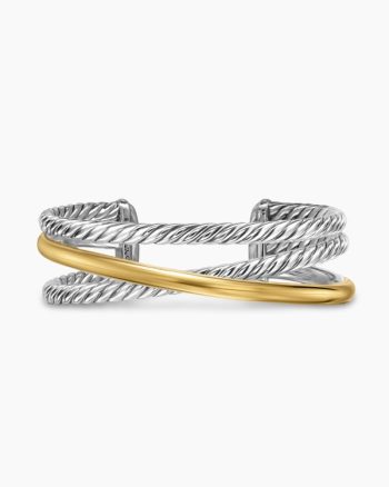 Bold Crossover Three Row Cuff Bracelet|Sterling Silver with 14K Yellow Gold, 19mm
