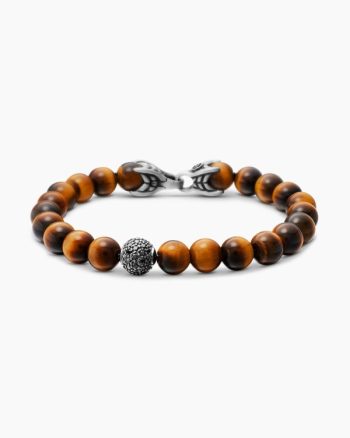 Spiritual Beads Bracelet|Sterling Silver with Tiger’s Eye and Pavé Black Diamond Station, 8mm